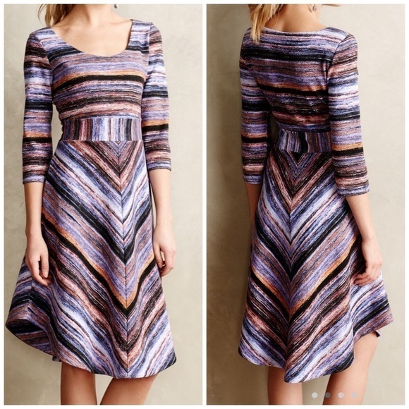 Anthropologie Maeve Kebren Purple Motif Stripe Dress Rounded Hem 3/4 Sleeve M - Picture 3 of 7